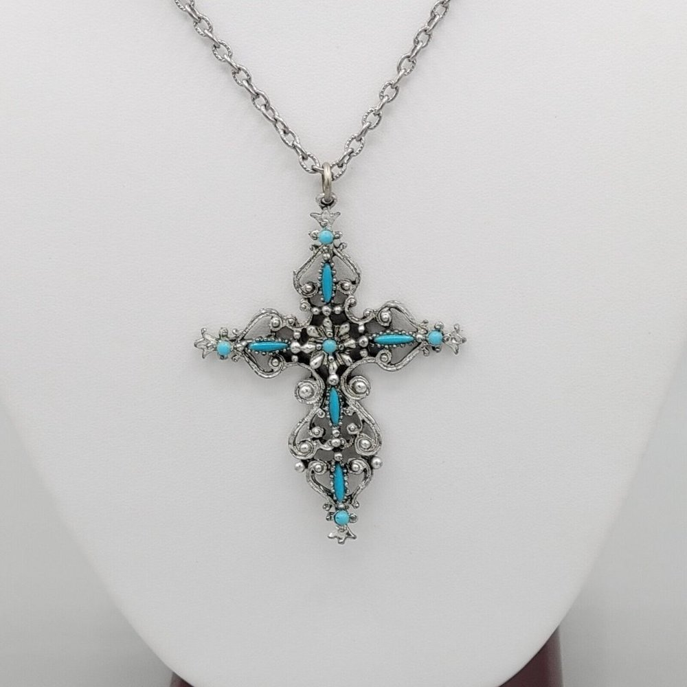 Unisex Silver Tone Cable Chain Fashion Necklace Cross Shaped Pendant 24 in - Picture 2 of 9